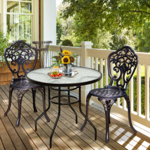 Durable Outdoor Patio Table with Tempered Glass Top and Umbrella Hole