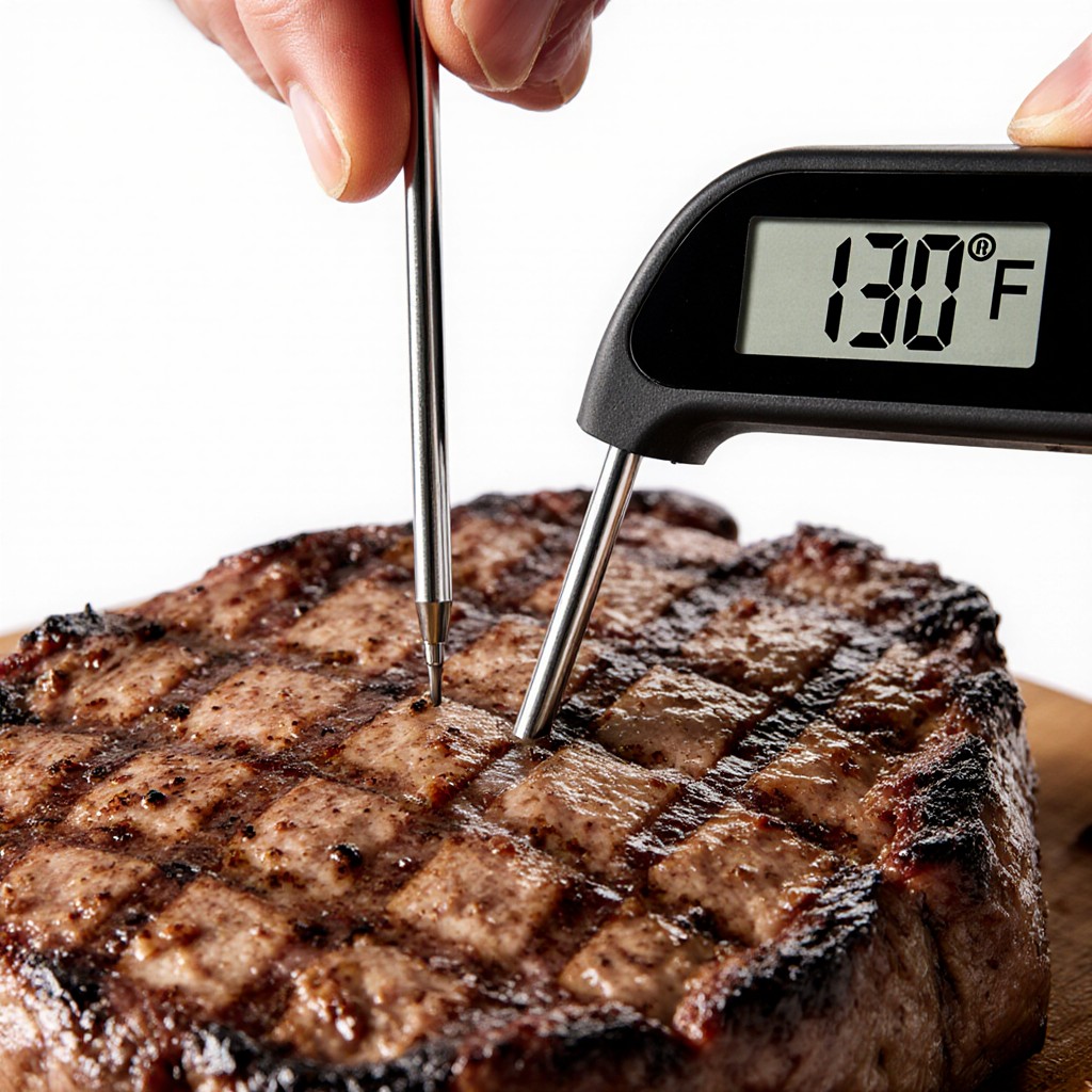 This close-up, tantalizing image captures a digital thermometer probe inserted into a thick, succulent steak. The digital display prominently shows an ideal 130°F, indicating perfect doneness.